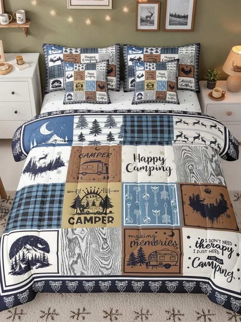 7 Piece Rv Camper Bedding Set King,Kids Happy Camping Comforter Set with Sheets,